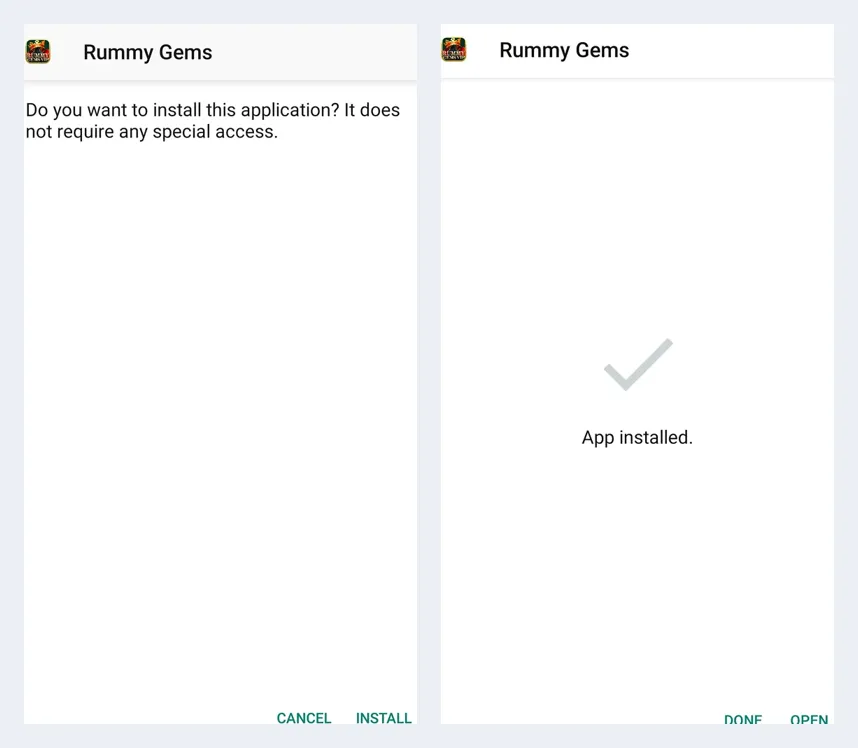 Rummy Gems APK install prompt and the installed app on Android
