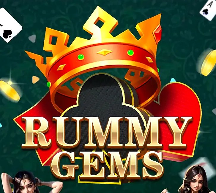Rummy Gems app artwork with cards and coins