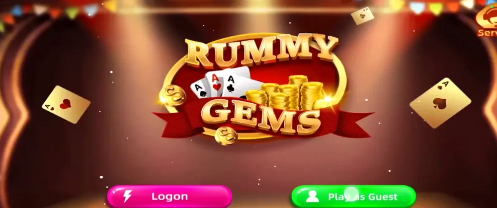 Rummy Gems start screen with Logon and Play as Guest buttons