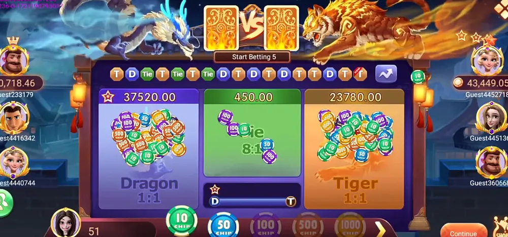 Dragon vs Tiger table in the Rummy Gems app