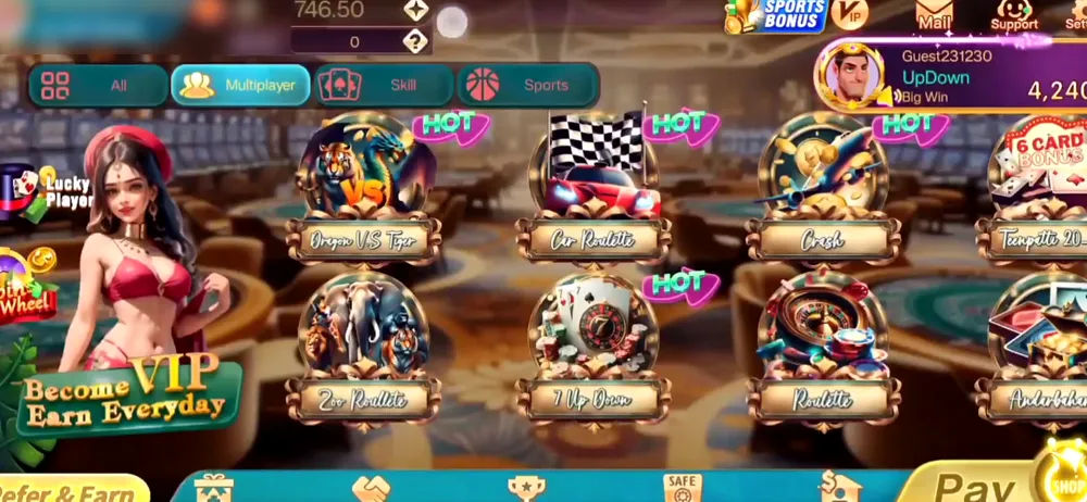 Rummy Gems lobby with Dragon vs Tiger, Teen Patti 20-20, 7 Up Down and Andar Bahar