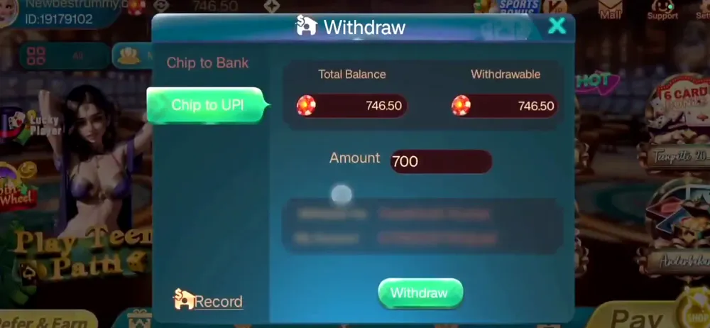 Rummy Gems withdrawal by Chip to UPI